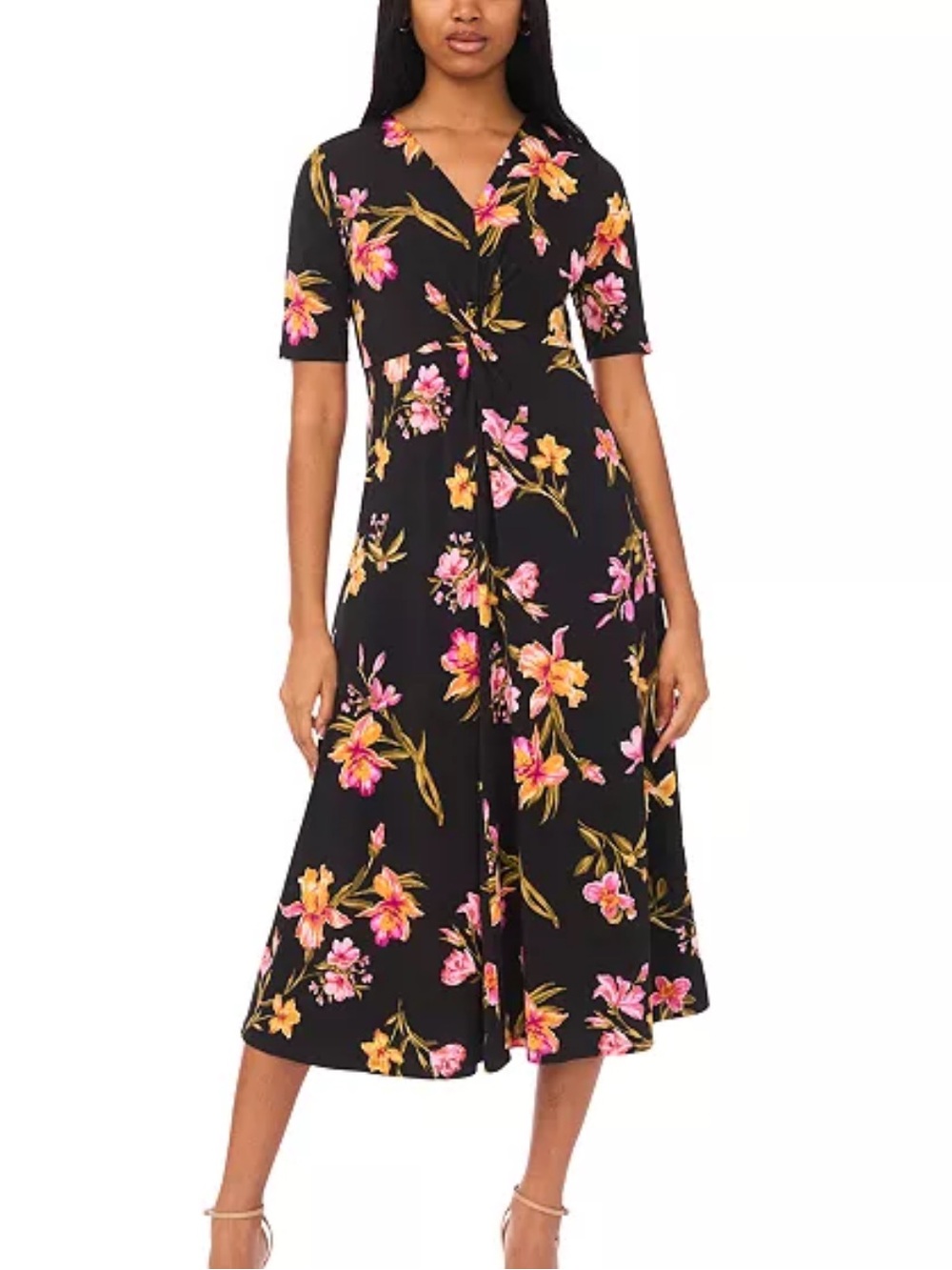MSK Women's V-Neck Twist Front Midi Dress